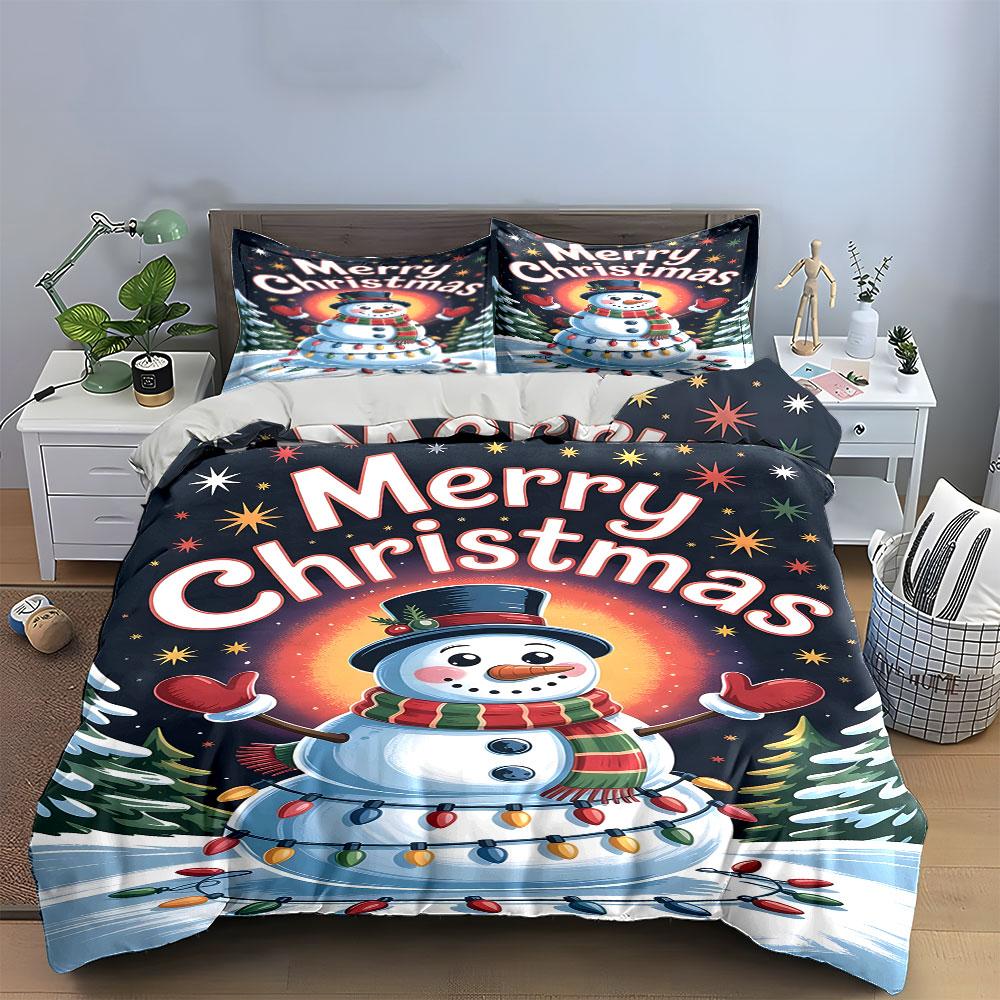 Merry Christmas Snowman Decor Bedding Duvet Cover Set Duvet Cover Pillowcases (1*Duvet Cover 2*Pillowcases, Without Duvet Insert)