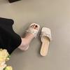 French Medium Heel Open-toed Cool Slippers Outer Wear Women's Shoes 2025 New Summer Rhinestone Bow Thick Heel One-word Drag