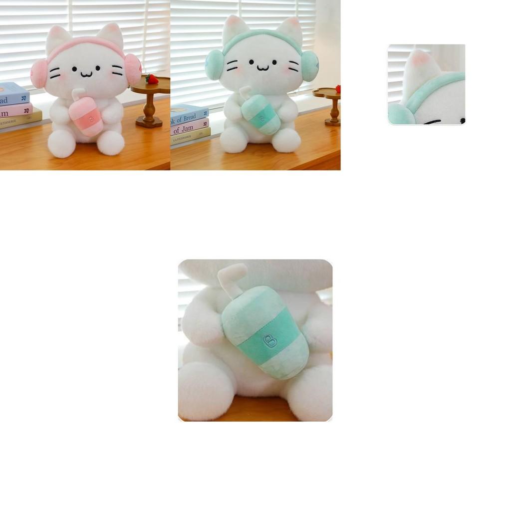 Adorable Cat Earphone Plush Toy Pillow For Kids Gift Soft Stuffed Doll In Pink And Blue Colors