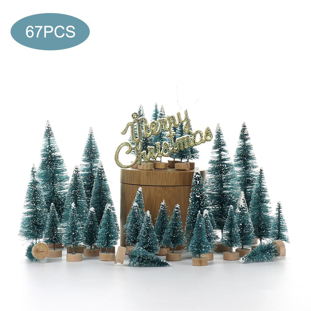 66pcs Mini Artificial Xmas Trees Sisal Snow Pine Trees with Wooden Base for Xmas Decor Party Home Table Craft