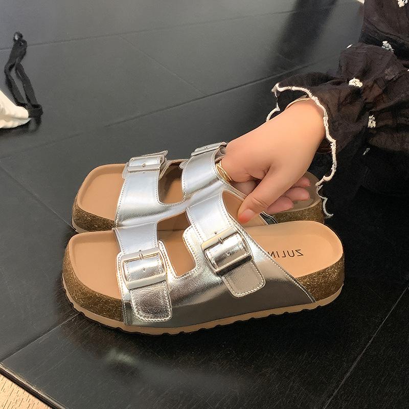 Da Mimi cowhide retro belt buckle casual thick-soled slippers women's summer outer thick-soled sandals