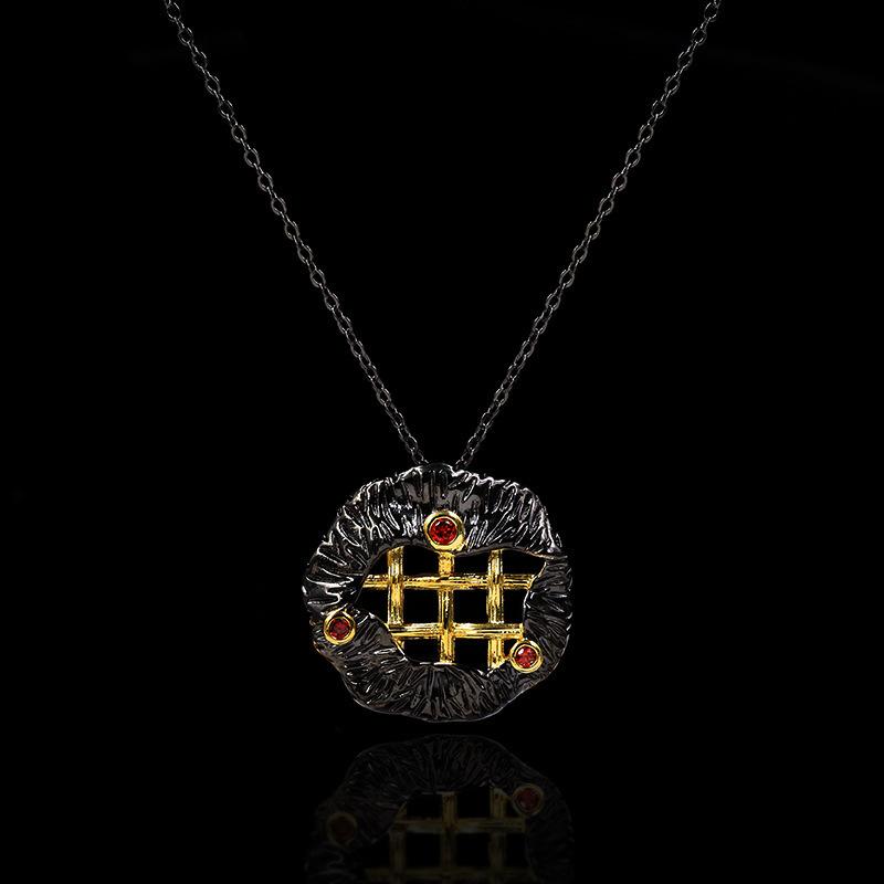 Two-Tone Black Gold Design Lines Ruby Necklace Jewelry Silver Literary Retro