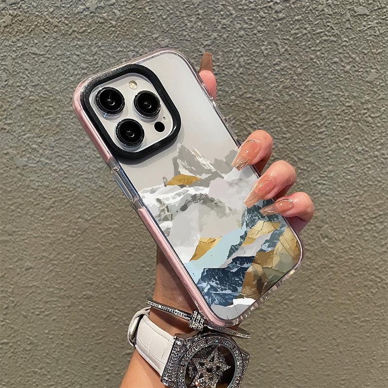 Art style niche advanced sense snow mountain landscape iphone17promax anti-drop black border anti-drop protective cover