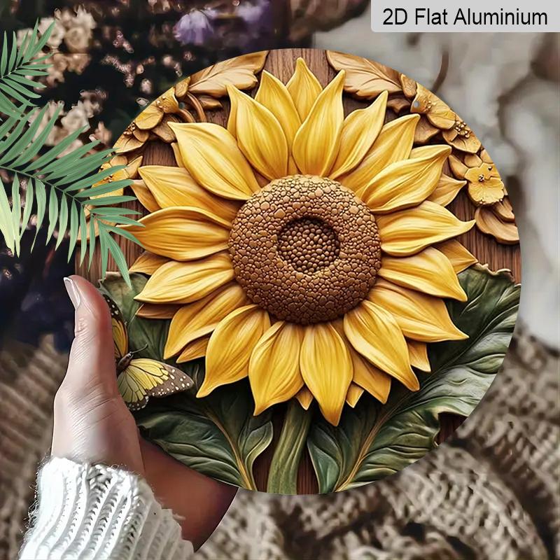 2D Flat Aluminum Sunflower Pattern Wall Hanging, 7.87 Inches X 7.87 Inches, Country Style, Suitable for Gardens, Farmhouses, Cafes, Living Rooms