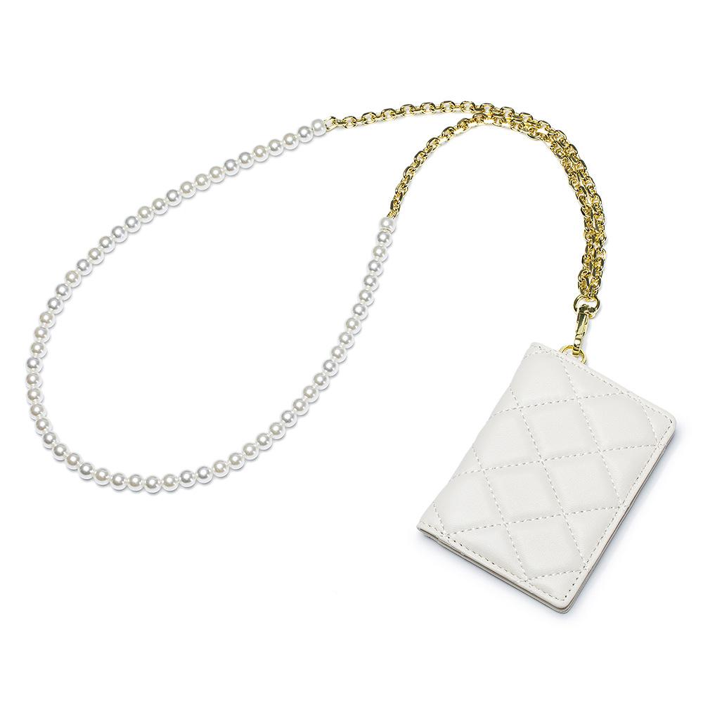 Portable ID Badge Holder with Detachable Chain Beads Neck Lanyard Sheepskin Fold Card Holder Work ID Name Badge Lanyard Wallet
