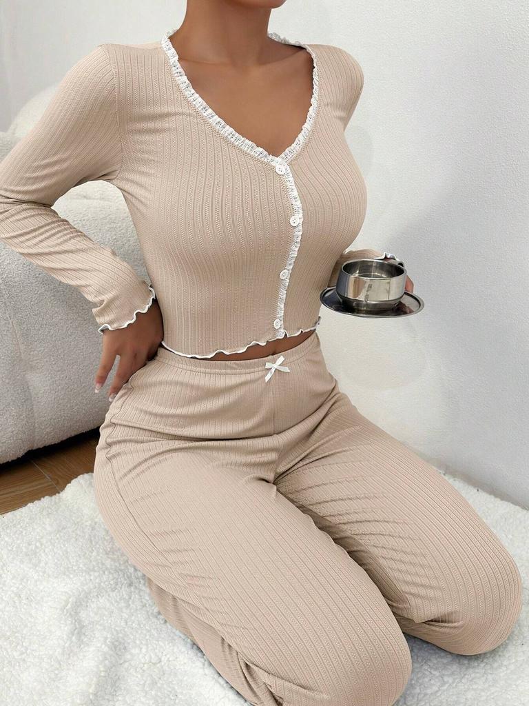 Europäischer und Amerikanischer Stil Damen Pyjama Set Langarm Schmal Geschnittenes Oberteil und Lange Hose mit Spitzenbesatz Sexy Loungewear