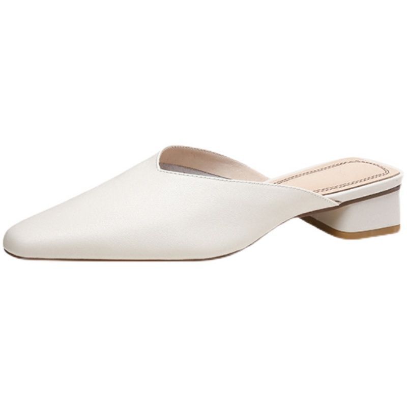 Flat-bottomed Bag Head, Half Slippers, Women's Summer Wear Thick Heels, Soft Leather One-word Drag, Women's Pointed Mueller Shoes, Square Head,