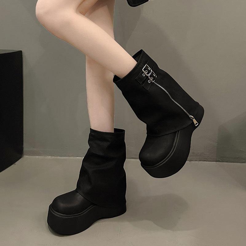 Small thick-soled heightening Martin boots women's new autumn sweet and cool wind big-headed trouser boots medium tube short boots