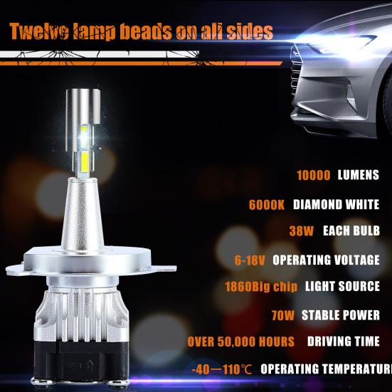 2Pcs LED Bulbs Super Bright 6000K 10000LM IP68 Waterproof H1/H4/H7 Headlights Conversion