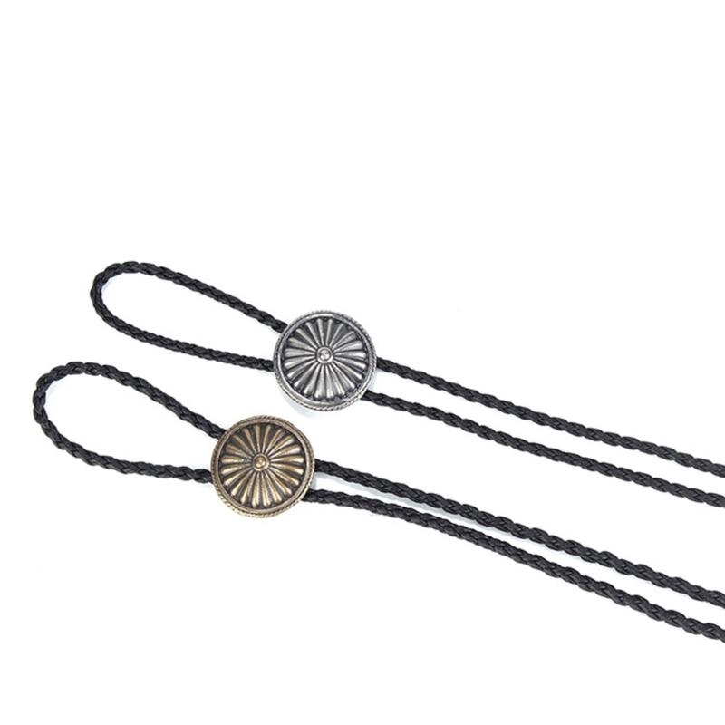 Mens Bolo Tie Necktie Faux Leather Braided Rope Necklace with Metal Round Flower Pendant Jewelry Cowboy Hat Accessories