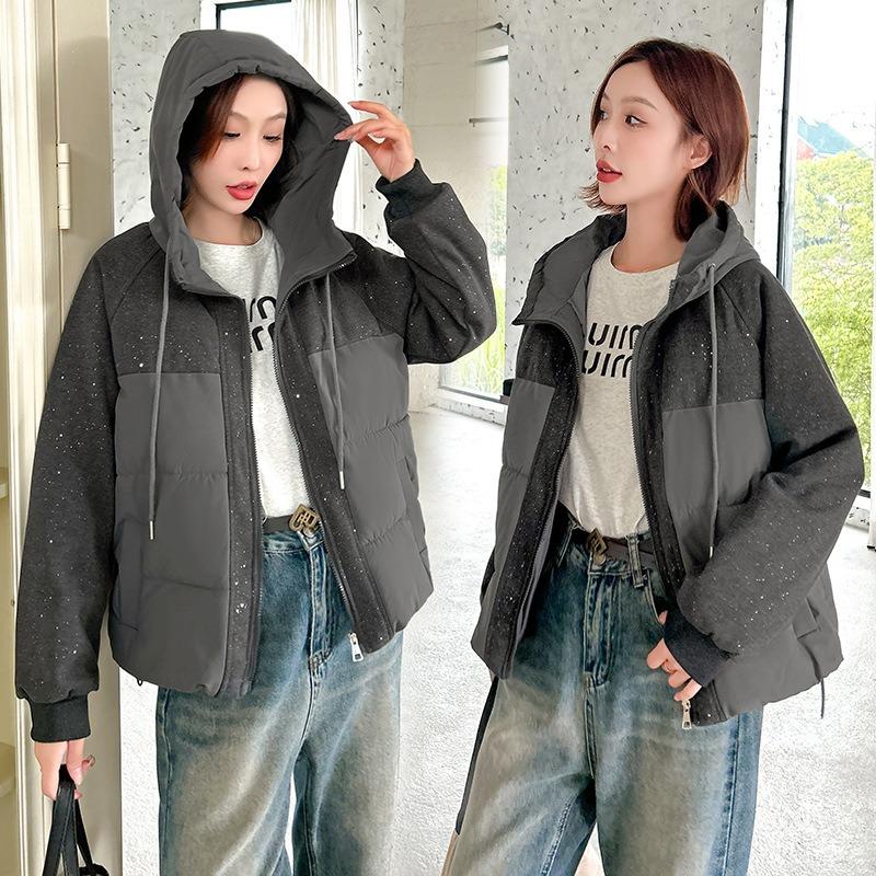 Sequins Chic Splicing Hooded Down Cotton Clothing Women's Jacket Autumn and Winter Fashion Exterior Design Cotton