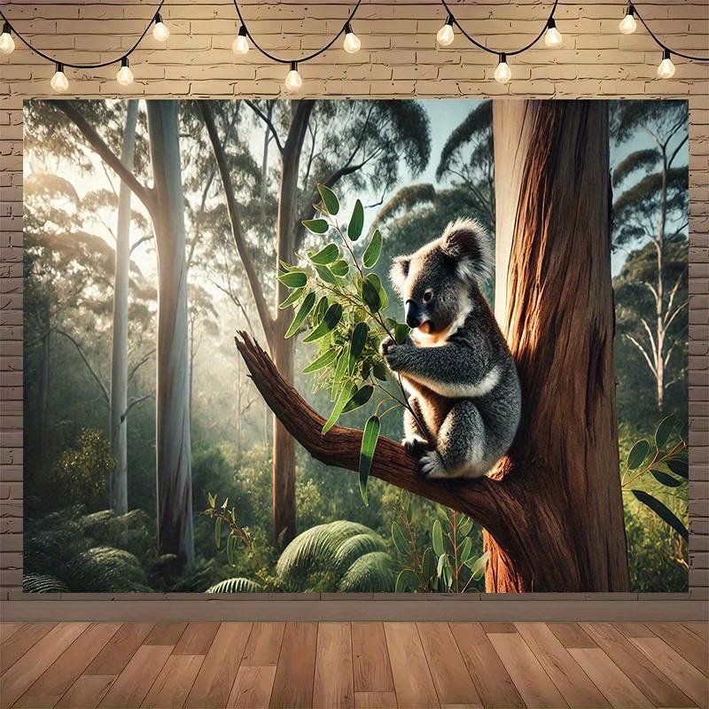 2D plane koala eating leaves on a branch as the background fabric background decoration room garden polyester fiber 100x150cm