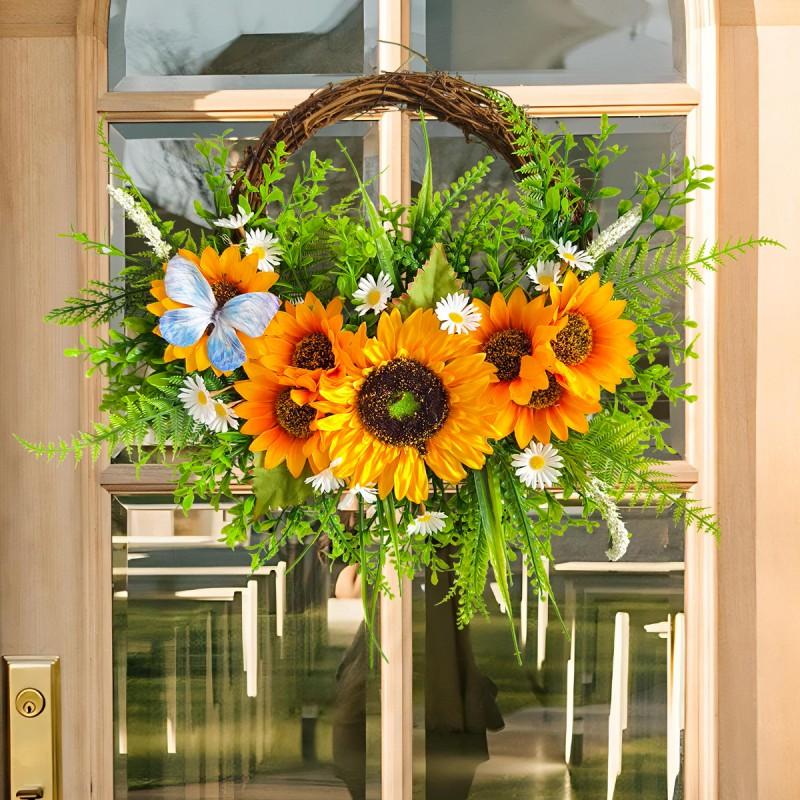 Artificial Sunflower Wreath Front Door Decoration Rustic Farmhouse Style Wall Hanging Floral Ring