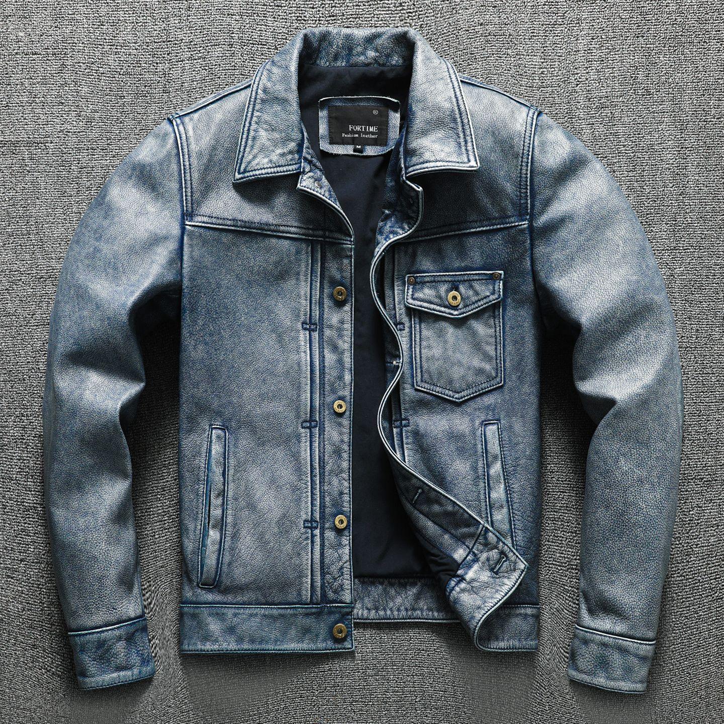 

Ретро Каменная Мельница Сделано из Старой Кожи, Кожаная Куртка из Кожи Коровьей для Мужчин 5XL