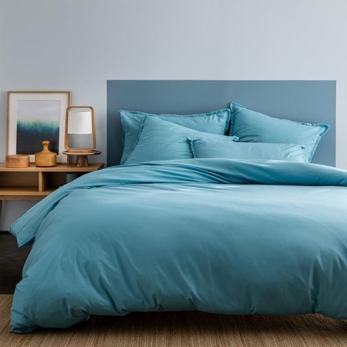 Housse De Couette Unie En Coton, COTON LAVÉ Bleu Glacier 260x240 Cm