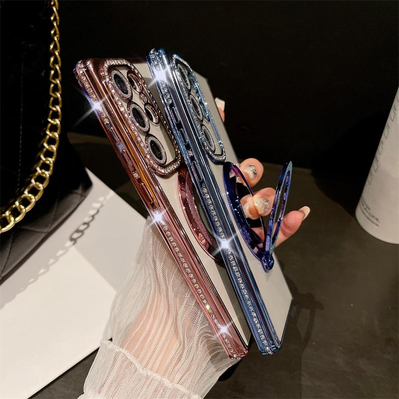 For Samsung Galaxy S24 Ultra Luxury Plating Diamond Frame Flash Mirror Stand Holder Phone Case For Samsung S22 S23 S25Plus Cover