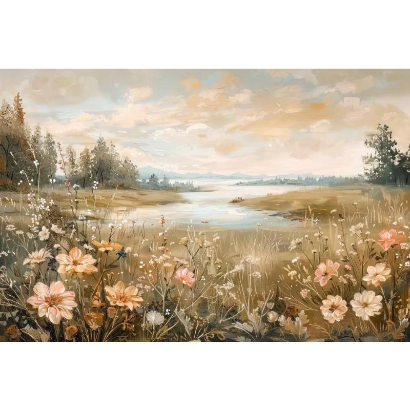Wildflower Field Cat Sparrow Farm House Painting Posters and Prints Canvas Printing Rustic Retro Wall Art Picture for Home Decor