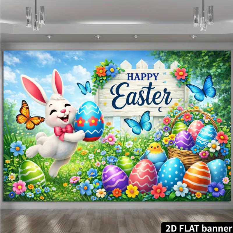2D Spring Floral Easter Background, Happy Easter Bunny & Eggs Backdrop for Party Events