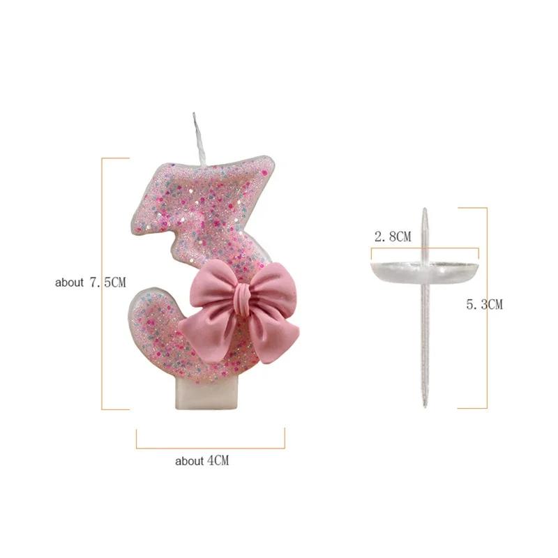 1PCS Cute Sequin Pink Big Number Bowknot Candle 3D Design Cake Topper Decoration Girls Birthday Cake Candles Dessert Ornament