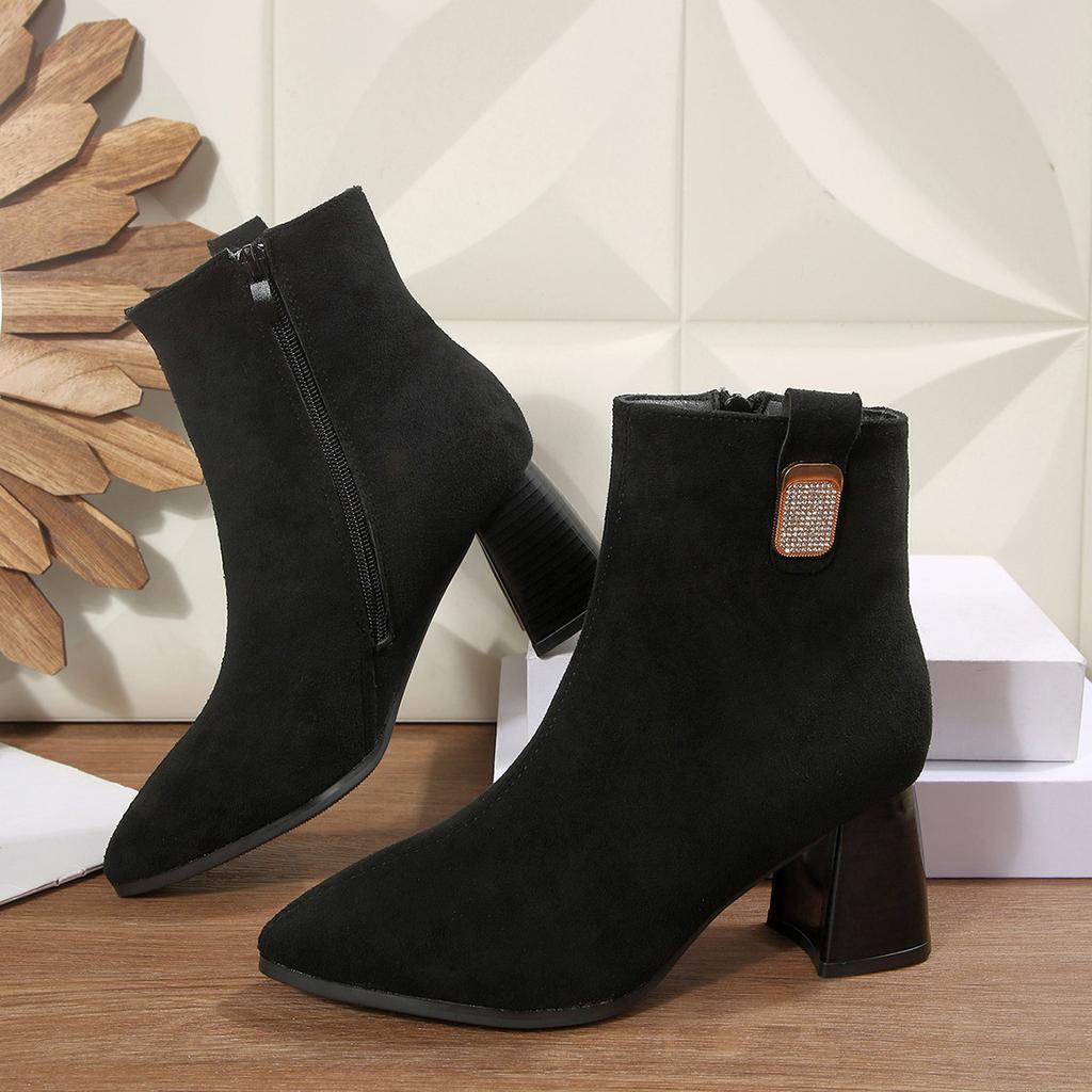 Plus Size Rhinestone Mid-heel Fashion Boots 2025 Winter New Pointed Toe Thick Heel Martin Boots for Women