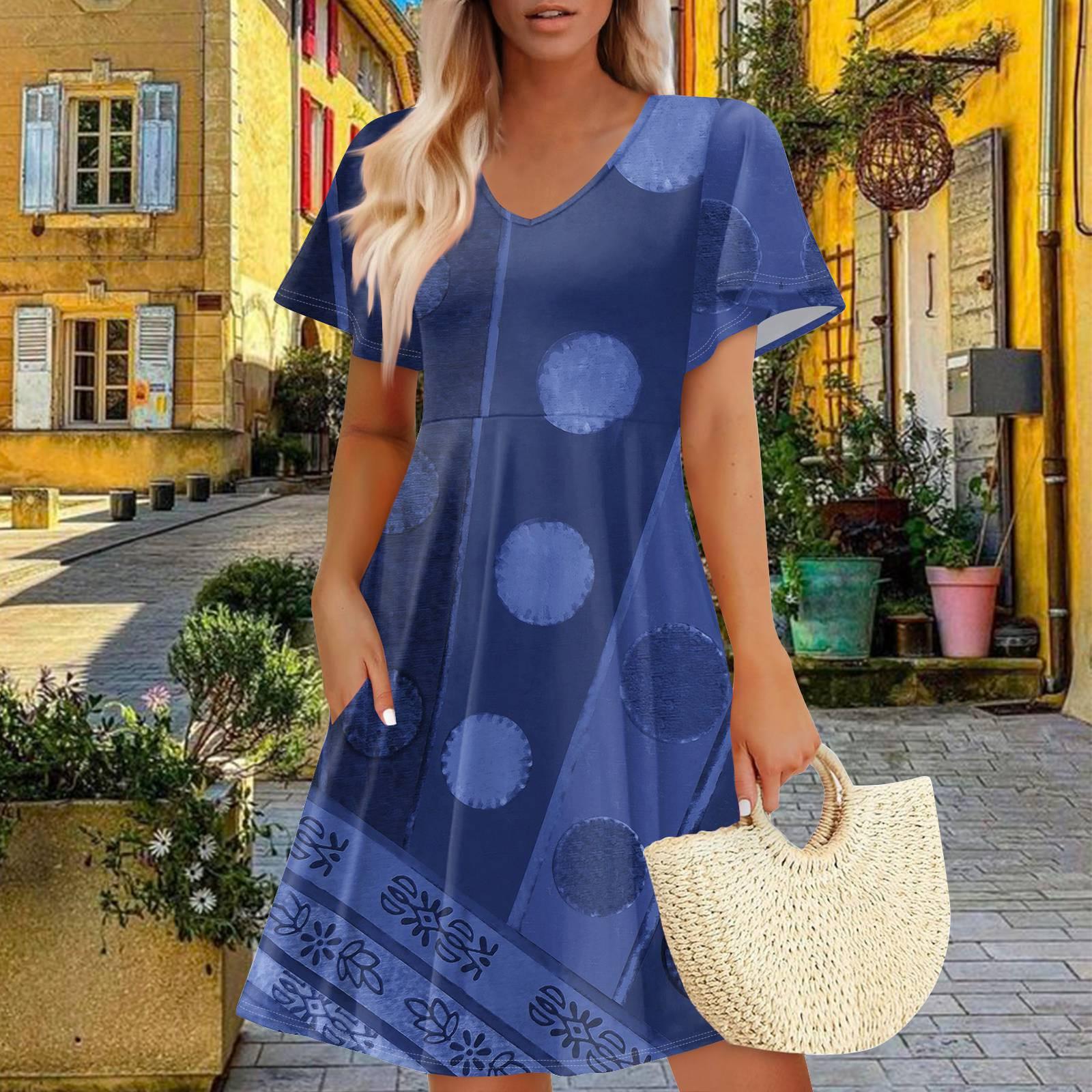 

Женское летнее платье повседневное свободное цветочное оборка с коротким рукавом сарафан пляжное платье А-силуэта с карманами S