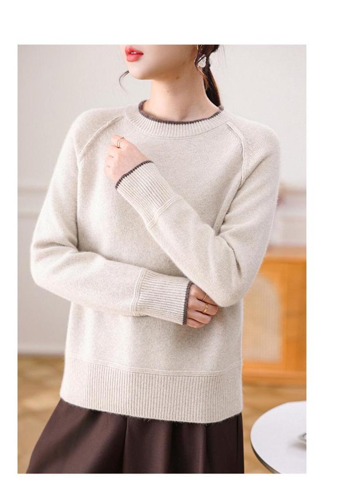 Women's Cashmere Wool Round Neck Long Sleeve Sweater - Loose, Versatile Knit Pullover for Autumn and Winter