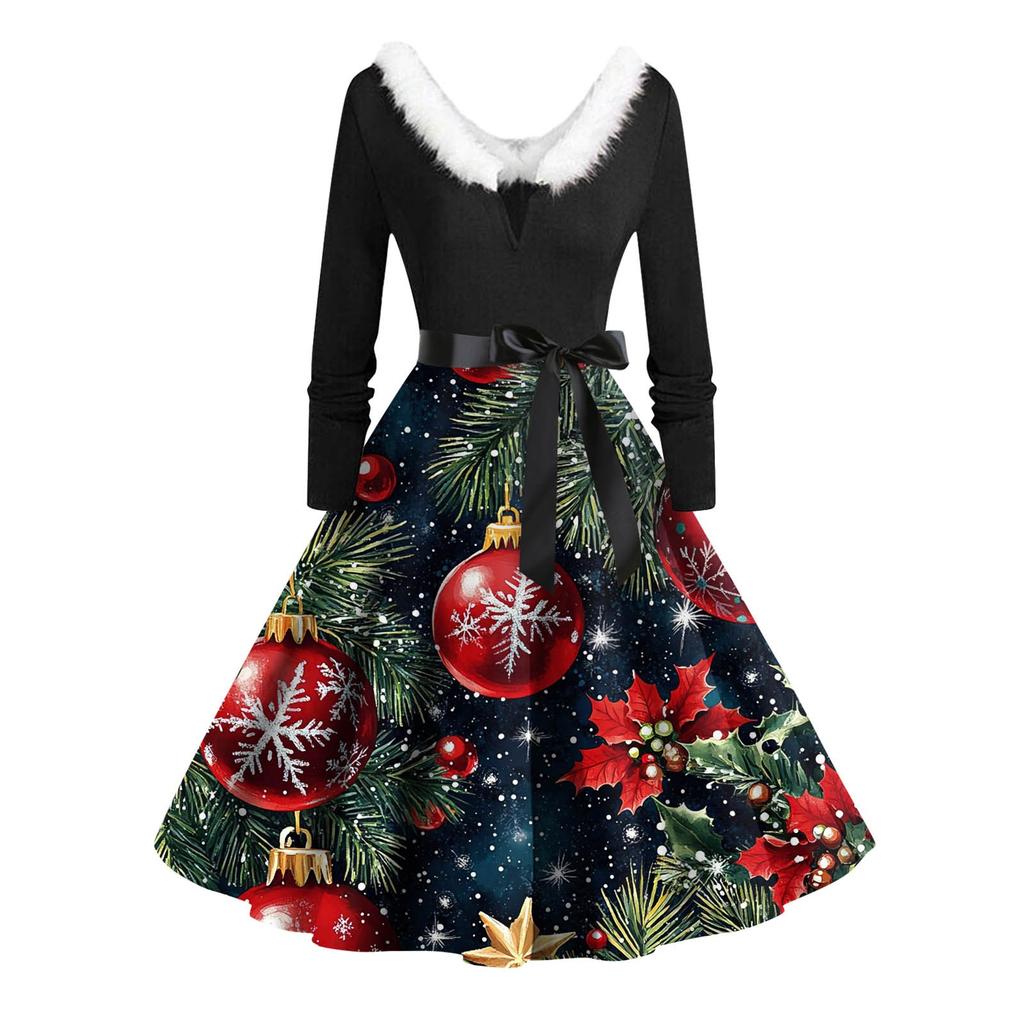 Damen Casual Fashion Langarm Weihnachten Grafik Bedruckte Vintage Lange Kleider