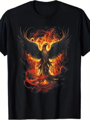 Men's Heavyweight 300+ GSM Phoenix Fire Mythical Creature TShirt Black with Golden Phoenix Flames &