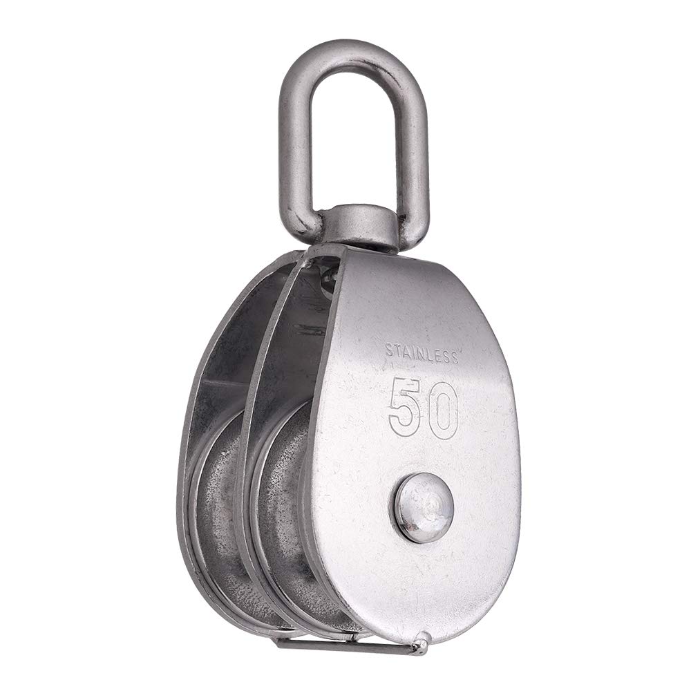Rocaris 2 Pack M50 Lifting Double Pulley Block 304 Stainless Steel Crane Swivel Hook Double Pulley Roller Loading