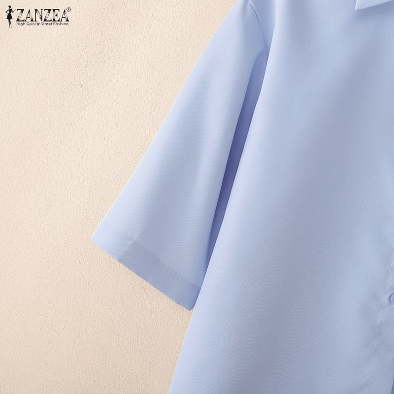 ZANZEA Women Casual Turn Down Collar Solid Color Loose Half Sleeve Blouse