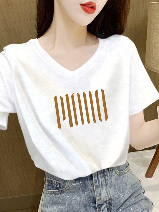 

Хлопковая футболка с V-образным вырезом свободного кроя в корейском стиле, белая футболка с коротким рукавом, женский новый летний топ 2025, тренд инс S