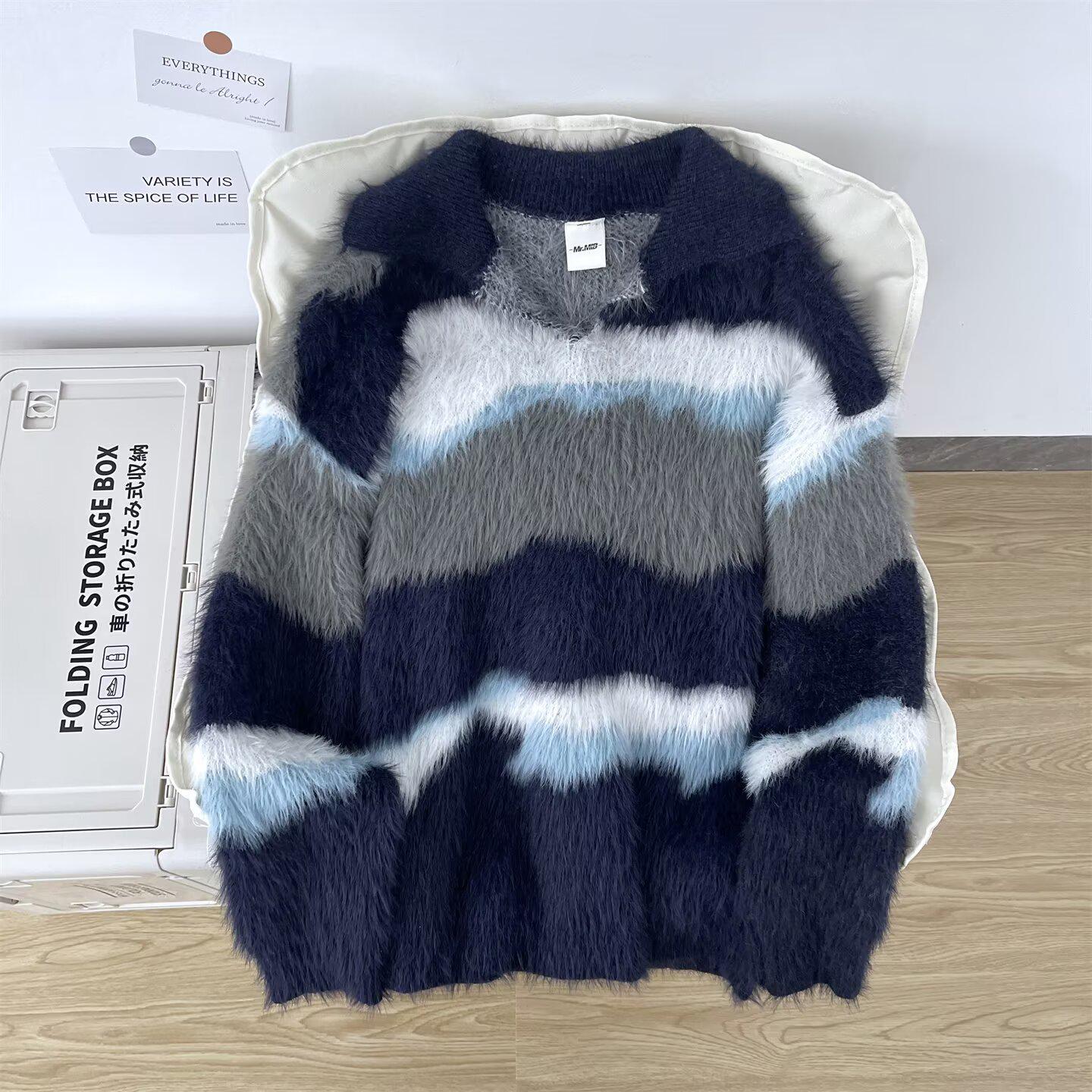 

Men s Winter Retro Mink Fur Knit Pullover with Contrast Stripe Lapel XXL синій