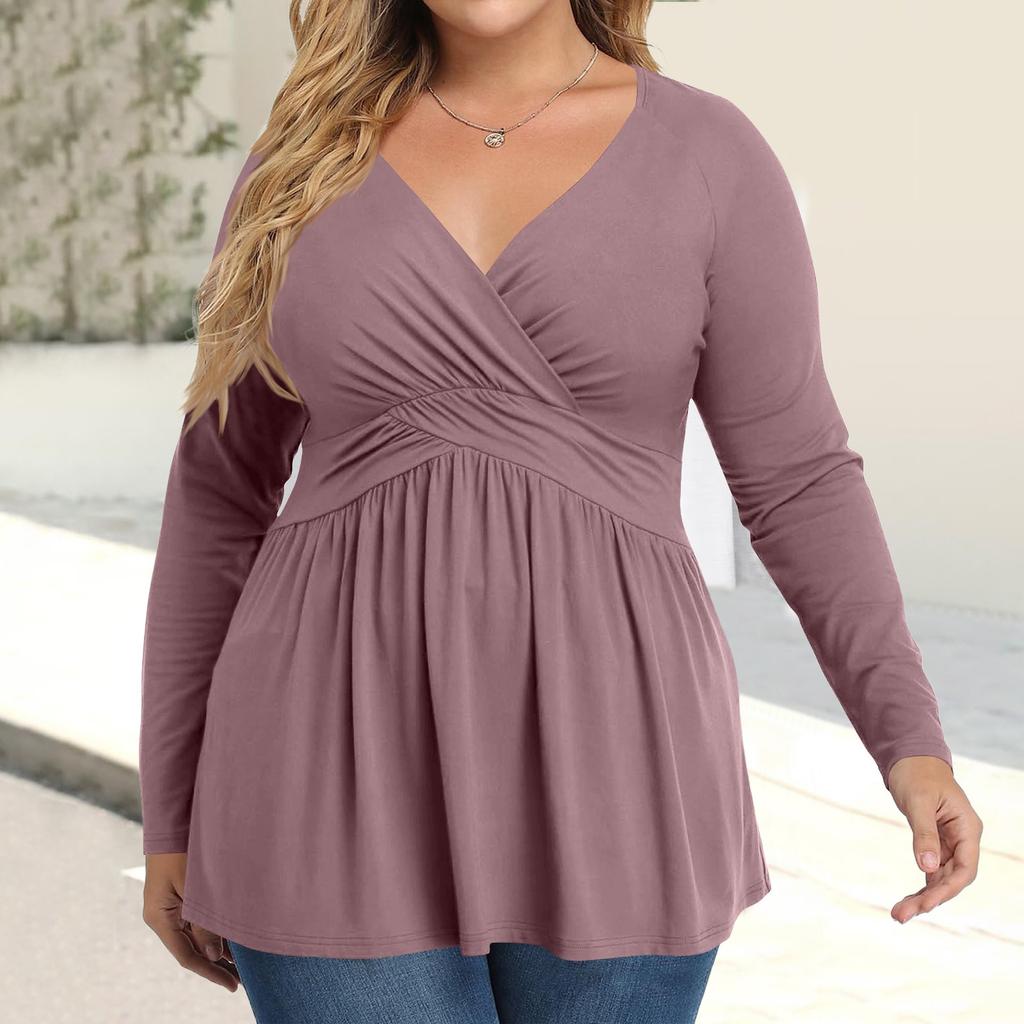 Women's Plus Size Shirt Long Sleeve  Print Top Pleated Casual V-Neck Top