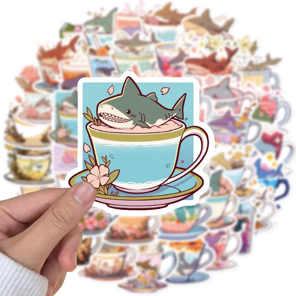 50-Piece Set No Duplicates: Cute Cartoon Shark Cup-Inspired Stickers - DIY Waterproof Decor for Notebooks, Phone Cases