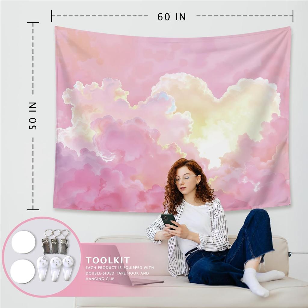 Preppy Pink Cloud Tapestry Wall Hanging, Preppy Room Decor, Pink Clouds Natural Landscape Aesthetic Wall Blanket Decor For Home