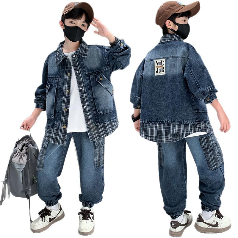 Boys' Trendy Plaid Denim Set: Spring/Autumn Korean Style 2025, Two-Piece Look for Mid-to-Big Kids