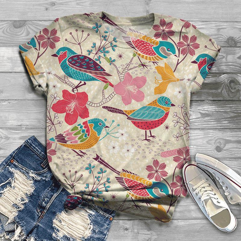 Summer New Bird 3D Printed Women's Top Loose Short Sleeve Loose Casual T-shirt