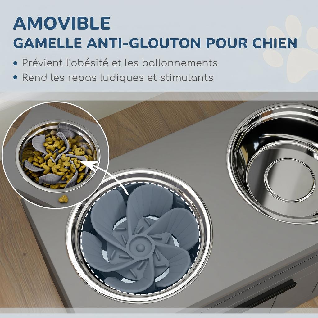 Elevated Dog Bowl, Slow Feeder, Stainless Steel, Storage Drawer, 60 x 30 x 35 cm, Grey