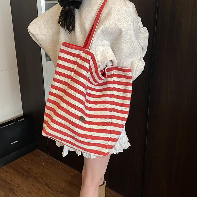 Lazy Wind Striped Canvas Bag, Available On Both Sides, Tote Bag, Women's Large-capacity Shoulder Shopping Bag
