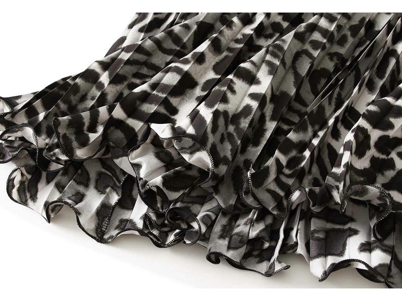 Spring 2026 Retro Leopard Print High Waist Pleated Midi Skirt for Women (D9908)