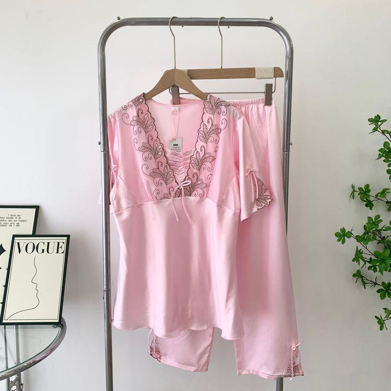 Special Pajama Summer Short Sleeve Trousers Lace Embroidery Nipple Coverage Silk Homewear Two-piece Set Suitable for Daily Wear Suit