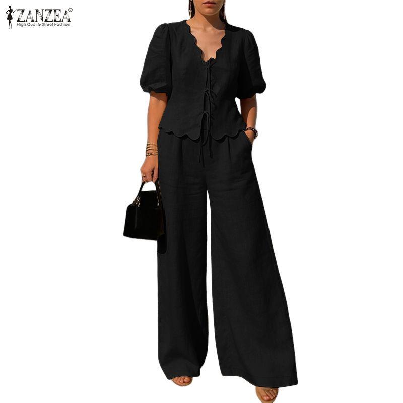 ZANZEA Damen Kurzarmbluse und Lange Hosen Sommer Zweiteilige Anzug Sets