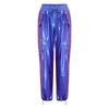 Womens Metallic Shiny Cargo Pants Elastic Waistband Ruffled Trim Multi Pockets Jogger Trousers