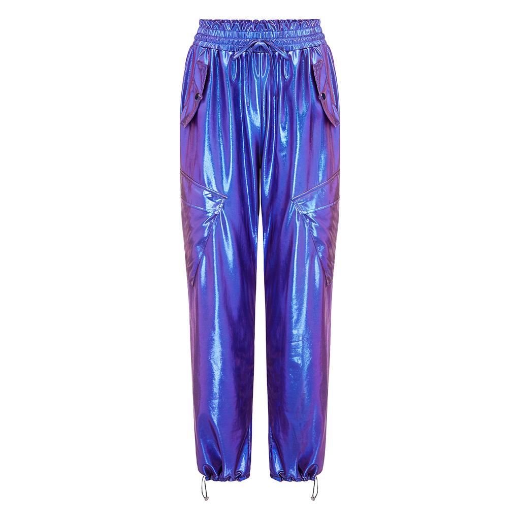 Womens Metallic Shiny Cargo Pants Elastic Waistband Ruffled Trim Multi Pockets Jogger Trousers