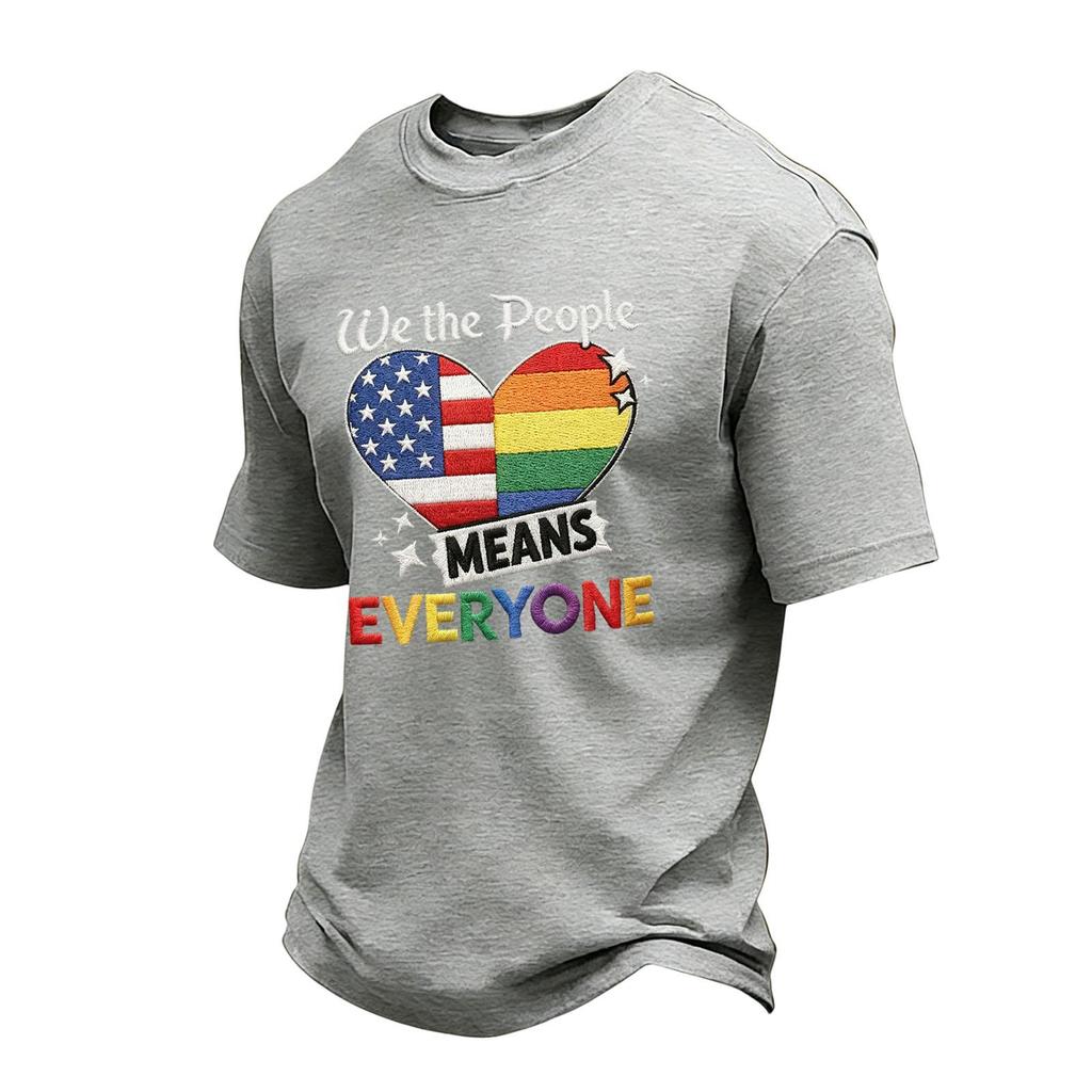 Men's Casual Short Sleeve Crew Neck T-Shirt with Patriotic Heart Print and Lettering Graphic for Everyday Wear