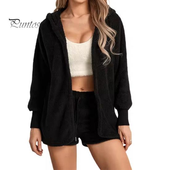 

Комплект из 2 предметов: пальто, шорты, комплект из толстой плюшевой домашней одежды, с капюшоном, длинными рукавами, открытая строчка, теплая куртка, шорты на эластичной резинке на талии M чёрный