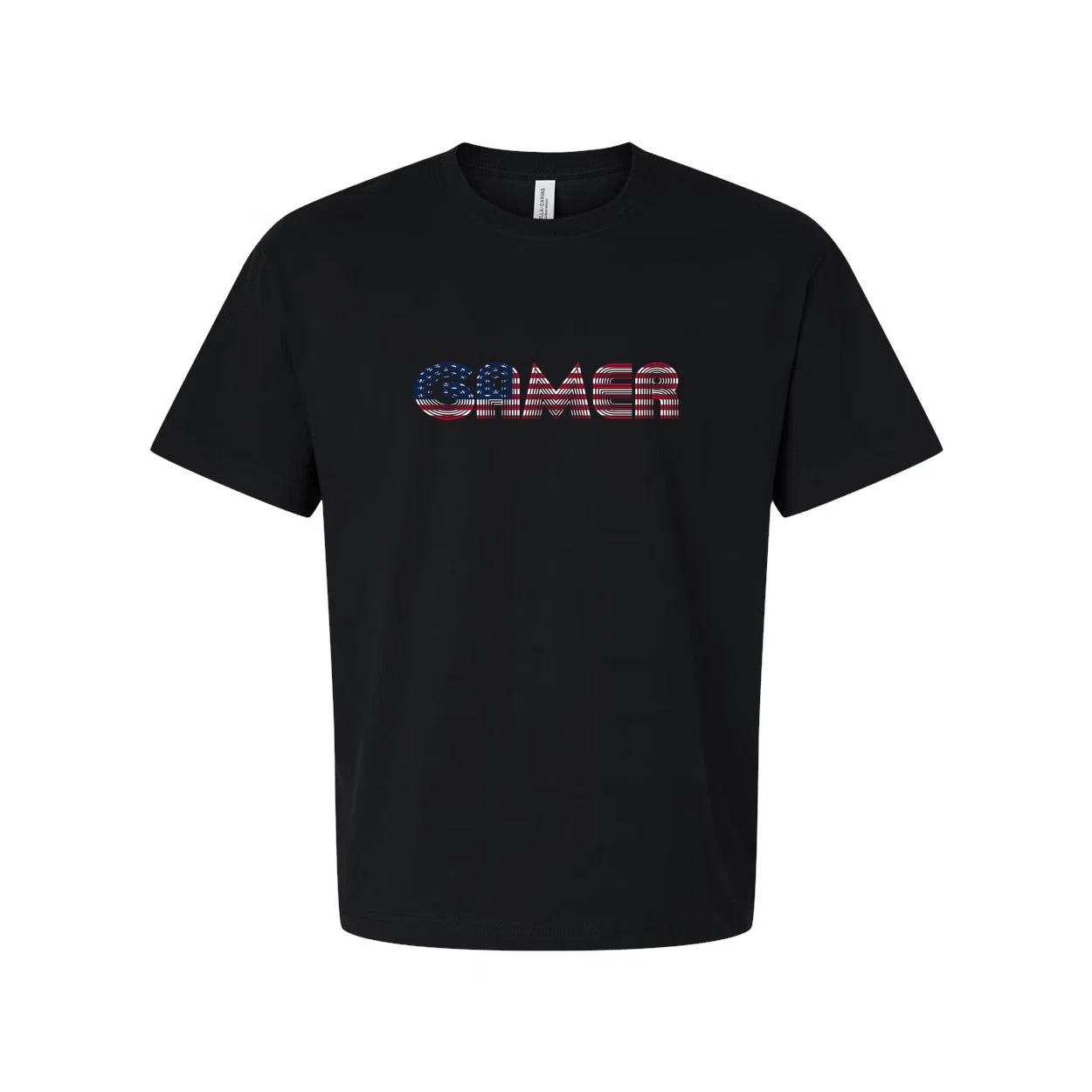 

Unisex Gamer T Shirt With Red and Blue Striped Wordmark Logo Across Chest for Ca 3XL