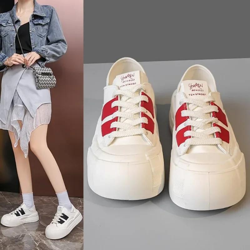 Moda 2024 Nowe 5cm Syntetyczne Damskie Stabilne Wysokie Platformowe Gruba Podeszwa Sneakersy Modne Wiosenne i Jesienne Wulkanizowane Buty Sznurowane