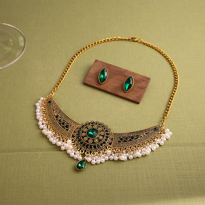 Set Colier și Cercei Boem cu Diamant Rotund și Perlă