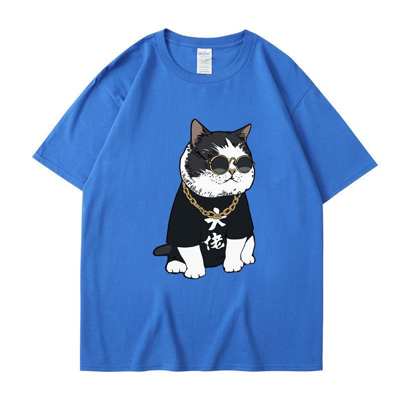 Summer Round Neck Cartoon Cute Big Boss Cat Printed Top Fashionable Casual Pure Cotton Short Sleeved Men's and Women's Unisex T-shirts